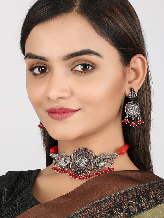  Red Silver Tone Tribal Necklace Set ( Set of 2)