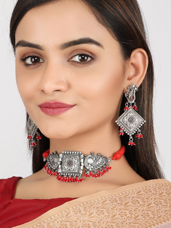  Red Peacock Silver Tone Tribal Necklace Set ( Set of 2)