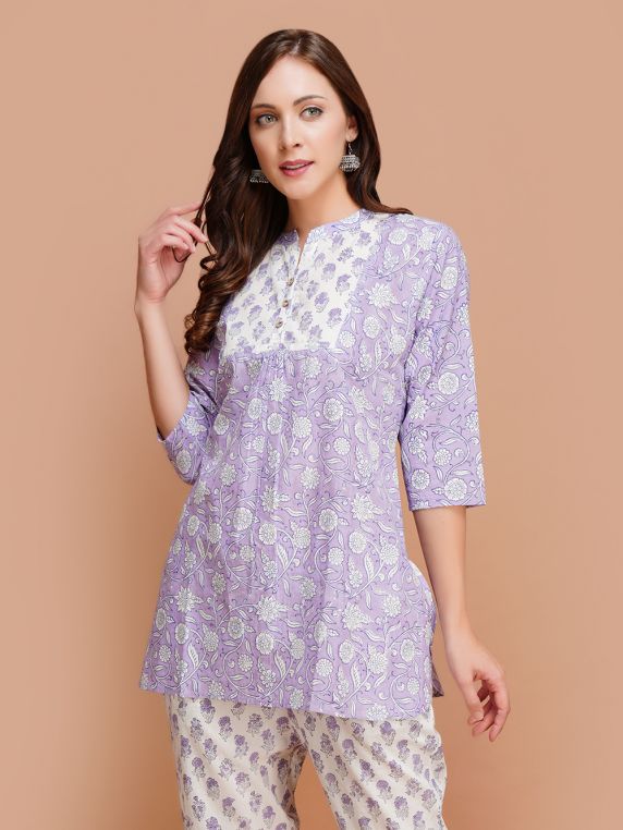 Purple Cotton Block Printed  Short Kurta