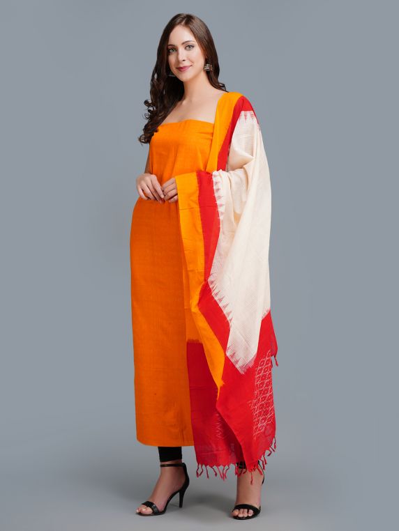 Orange -White Ikat mercerised  Cotton Fabric with Dupatta  (Set Of 2)