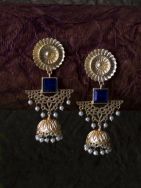 Blue Stone Matte Gold Long Jhumka