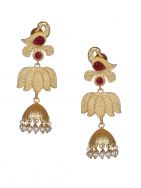 Red Stone Peacock Style Matte Gold Jhumka