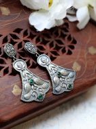 Green Handcrafted Silver Tone Brass Tribal Earrings