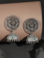 Green Stone Round Shape Silver Tone Jhumka