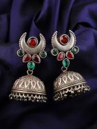 Moon Shape Silver Tone Brass Jhumka