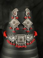  Red Peacock Silver Tone Tribal Necklace Set ( Set of 2)