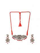  Red Peacock Silver Tone Tribal Necklace Set ( Set of 2)