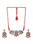  Red Silver Tone Tribal Necklace Set ( Set of 2)