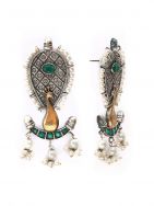 Green Dual Tone Brass Peacock Earrings