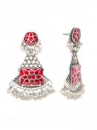 Red Tribal Silver Tone Brass Earring