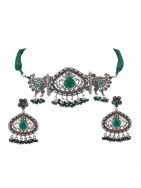 Green Silver Tone Tribal Necklace Set ( Set of 2)