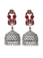 Red handcrafted  Silver Tone Brass Jhumka