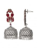 Red handcrafted  Silver Tone Brass Jhumka