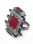 Red Enamel Silver Tone Brass Ring