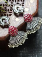 Red Tribal Silver Tone Brass Earring