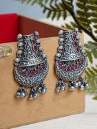 Red Handcrafted Silver Tone Brass Tribal Earrings