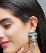 Green Handcrafted Silver Tone Brass Tribal Jhumki