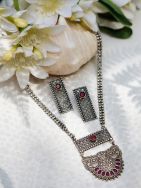 Long Pattern Silver Tone Brass Set Of Necklace & Earrings ( Set of 2)