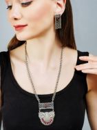 Long Pattern Silver Tone Brass Set Of Necklace & Earrings ( Set of 2)