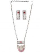 Long Pattern Silver Tone Brass Set Of Necklace & Earrings ( Set of 2)