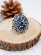Blue Silver Tone Tribal Brass adjustable Ring