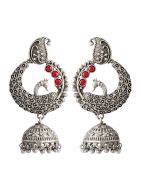 Red Handcrafted  Silver Tone  Brass Peacock Jhumki