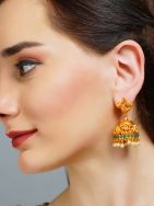 Green Handcrafted  matte Gold Temple Jhumki