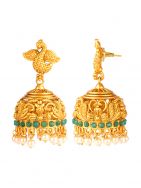 Green Handcrafted  matte Gold Temple Jhumki