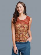 Red Cotton Block Printed  Sleeve less Short Top