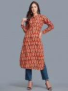 Red Cotton Block Printed  Kurta