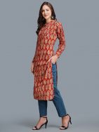 Red Cotton Block Printed  Kurta