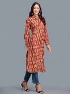 Red Cotton Block Printed  Kurta