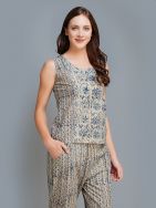 Blue Cotton Block Printed  Sleeve less Short Top