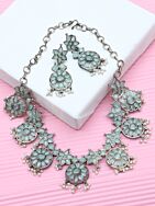 SILVER TONE HANDCRAFTED BRASS NECKLCAE WITH EARRINGS ( SET OF 2)