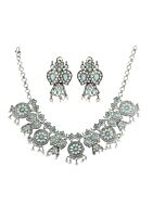 SILVER TONE HANDCRAFTED BRASS NECKLCAE WITH EARRINGS ( SET OF 2)