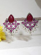 Red Silver Tone Brass Stud Earrings