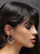 Red Silver Tone Brass Stud Earrings