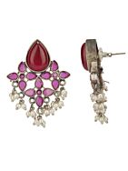 Red Silver Tone Brass Stud Earrings
