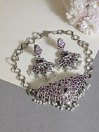 Silver Tone Handcrafted Brass Necklace With Earrings Set Of 2 