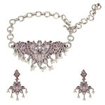 Silver Tone Handcrafted Brass Necklace With Earrings Set Of 2 