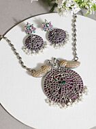 Silver Tone Handcrafted Brass Necklace With Earrings Set Of 2