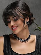 Blue Silver Tone Handcrafted Brass Necklace With Earrings Set Of 2