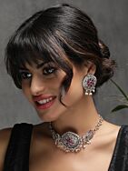 Red Silver Tone Handcrafted Brass Necklace With Earrings Set Of 2