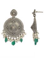 Green Silver Tone Handcrafted Brass Stud Earrings