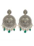 Green Silver Tone Handcrafted Brass Stud Earrings