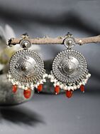Red Silver Tone Handcrafted Brass Stud Earrings