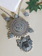 Gray Dual Tone Handcrafted Brass Necklace With Earrings Set Of 2