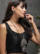 Gray Dual Tone Handcrafted Brass Necklace With Earrings Set Of 2