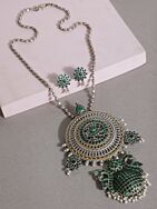 Green Dual Tone Handcrafted Brass Necklace With Earrings Set Of 2