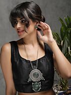 Green Dual Tone Handcrafted Brass Necklace With Earrings Set Of 2